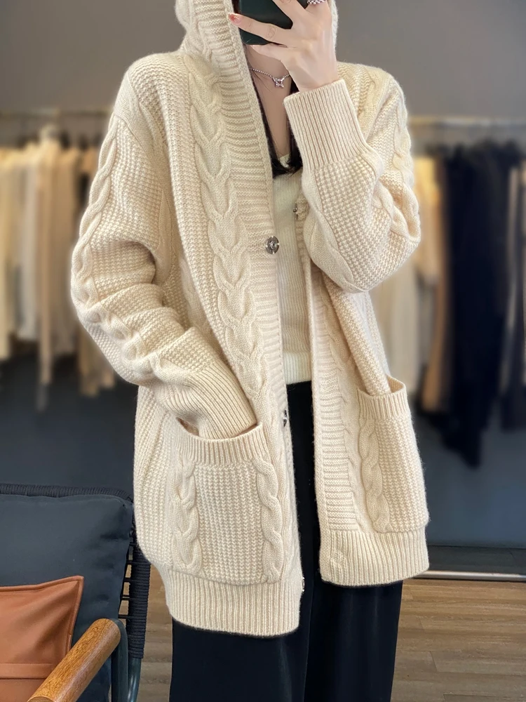 

Autumn Winter Women Thick Hoodie Cardigan Cashmere Sweater Jacket Casual Loose Blazer-style 100% Merino Wool Knitwear Coat Top