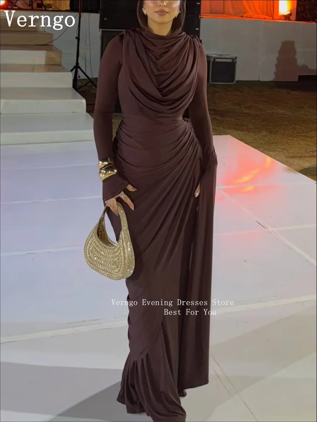 Verngo Bruin Crêpe Prom Jassen Hoge Hals Volledige Mouwen Zeemeermin Formele Gelegenheid Jurk Moslim Prom Partij Jassen Aangepast