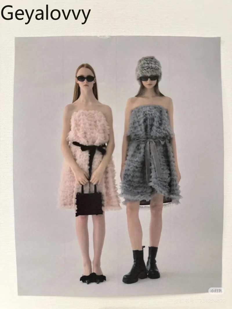 Verão novo estilo japonês doce bonito meninas em camadas bolo tule vestido versátil sem alças fora do ombro vestidos de comprimento médio