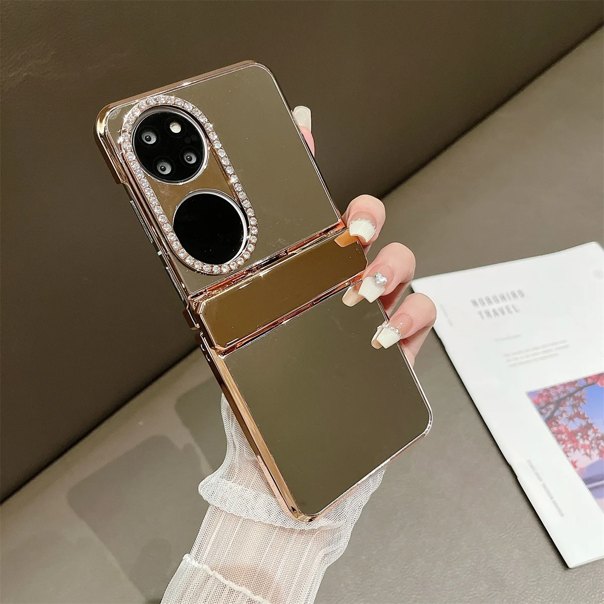 Electroplated Mirror Phone Case For Huawei P50 Pocket Flash lens hinge protection