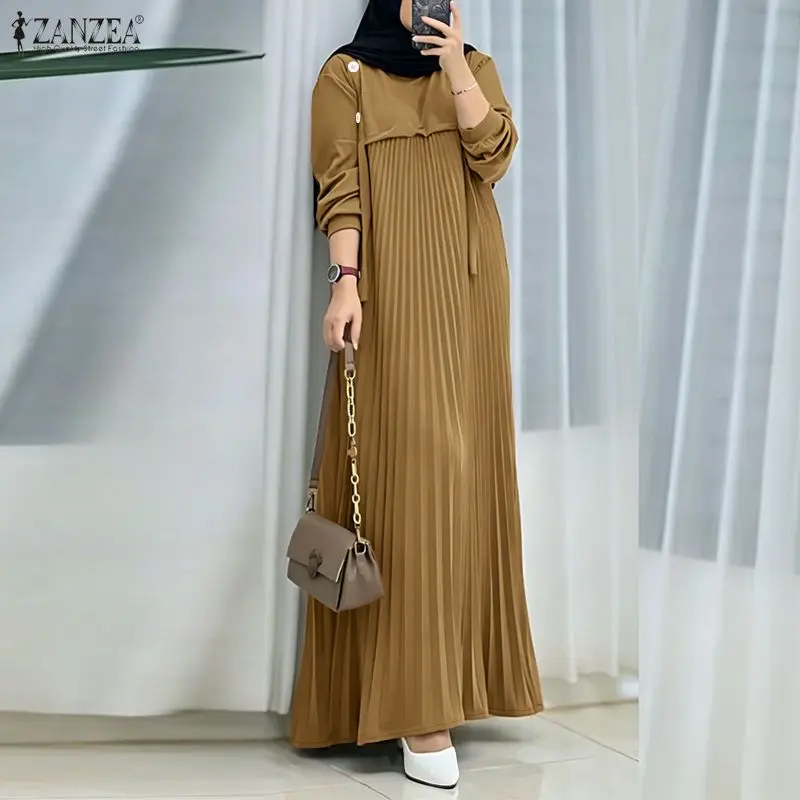 ZANZEA Stylish Women Patchwork Muslim Dress Abaya Elegant O Neck Long Sleeve Pleated Sundress Casual Loose Kaftan Ramadan Robe