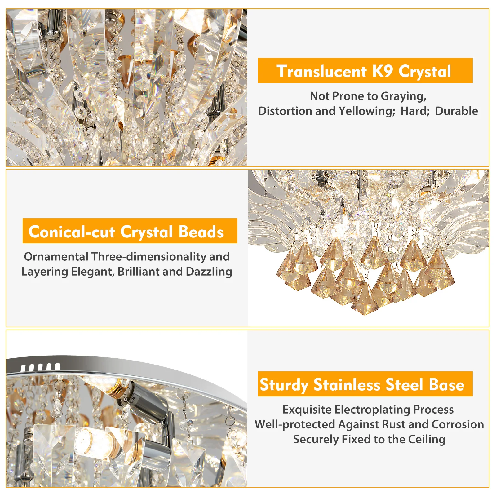 Lámpara de techo de cristal, luz LED regulable, 60x30cm