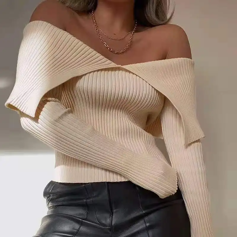 Knitted 2023 Spring Autumn New Sexy Low-Cut Tight-Fitting Solid Color Bottoming Elegant Sweater Temperament Shirt Off Shoulder