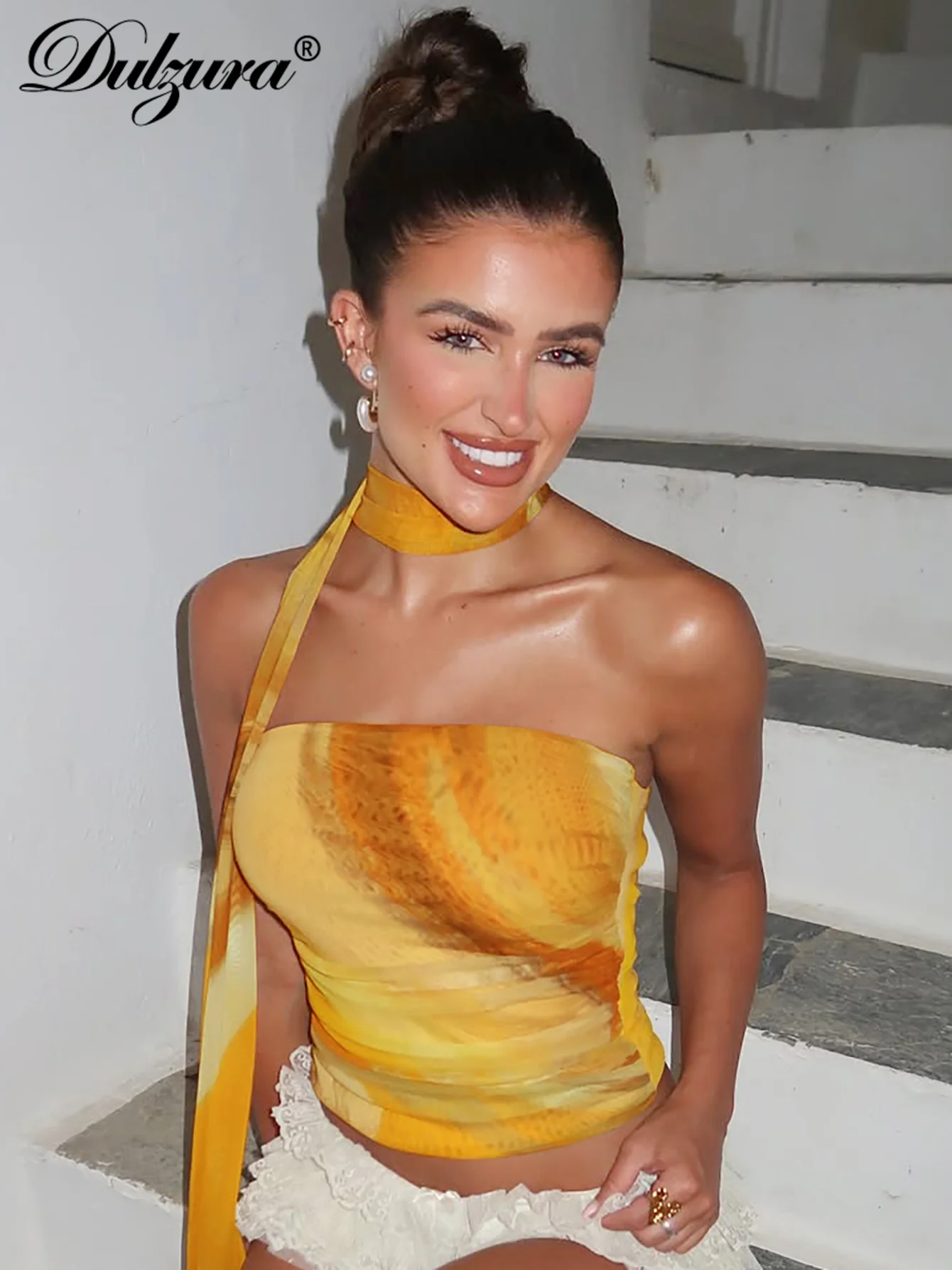 Dulzura Borst Wikkelen Ruches Backless Slanke Print Crop Tank Top Met Sjaal Sexy Elegant Casual Y2K Tops Party Club Street Outfit