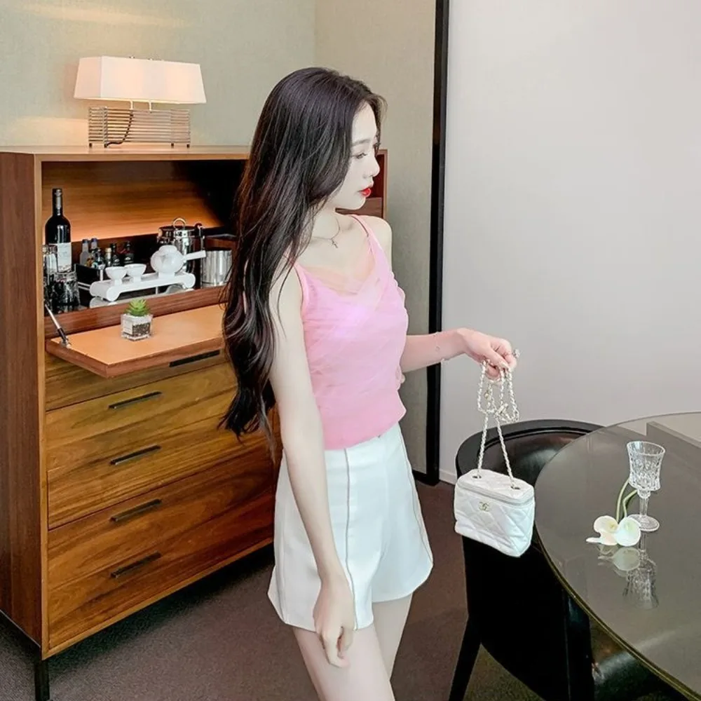 New Summer Mesh Sling Spice Girl Slim Off Shoulder Temperament Vest Outerwear Casual Tube Top Outdoor