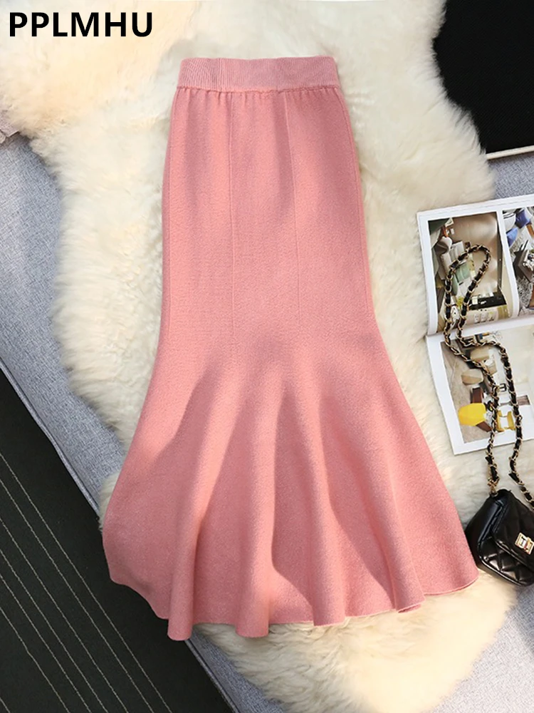 

Korean Knitted Skirts Women Casual High Waist Slim Knitwear Faldas Fall Winter Elegant Saia New Malhas Mid-length Trumpet Jupe