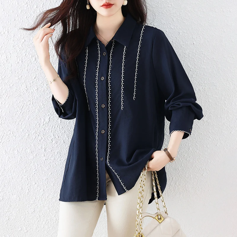 

2023 Autumn New Women's Blue Stripe Printed Silk Long Sleeve Shirt Top Polo Neck Loose Large Slim Cardigan Top T-shirt