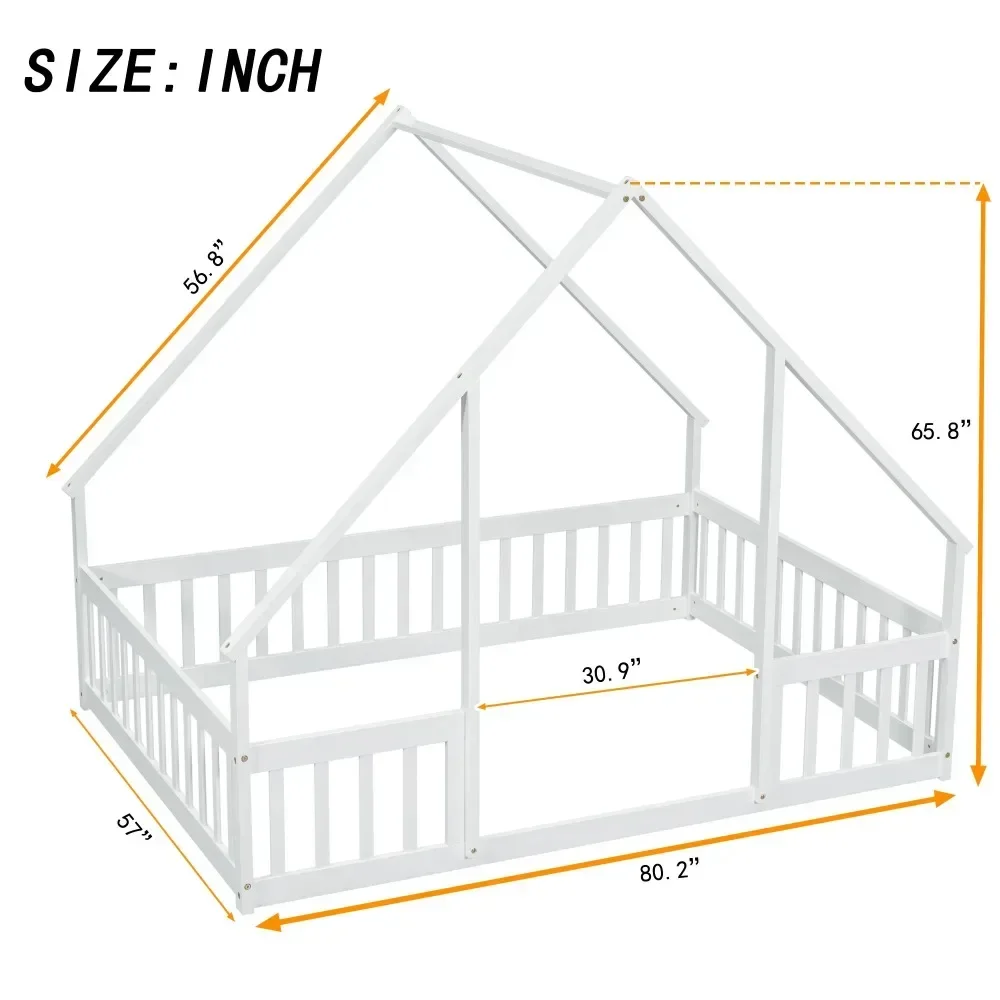 

Twin Size Floor Bed for Kids, Wooden House Bed Full Size with Fence, Montessori Beds with Guardrails for Toddler Kids Boys Girls