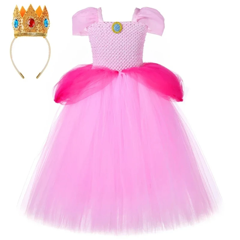 Super Brothers Peach Princess Costumes Girls Christmas Halloween Long Lined Dresses with Puff Sleeves Kids New Years Ball Gown