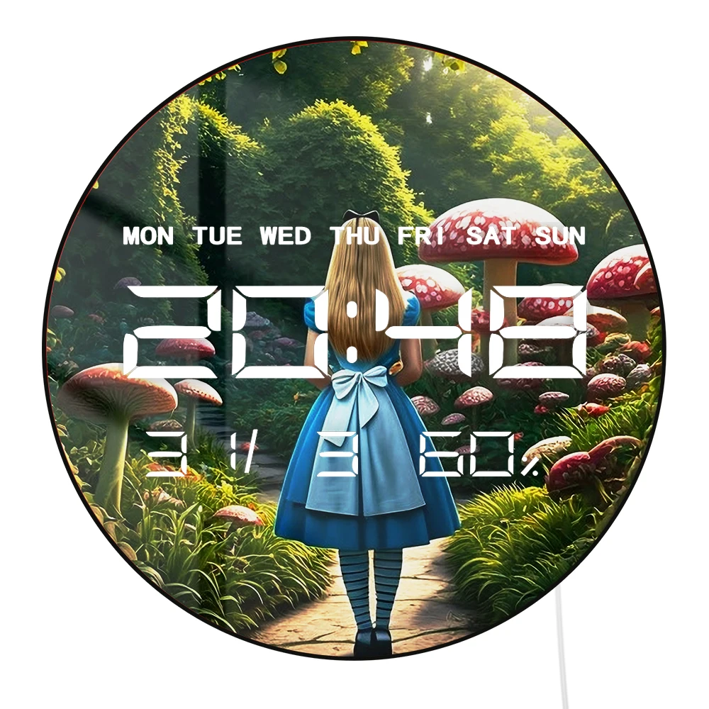 Alice Wonderland Rabbit Hole LED Digital Wall Clock with Calendar Date Auto Dimming 12/24hr Electric Clock for Kids Nursery Room