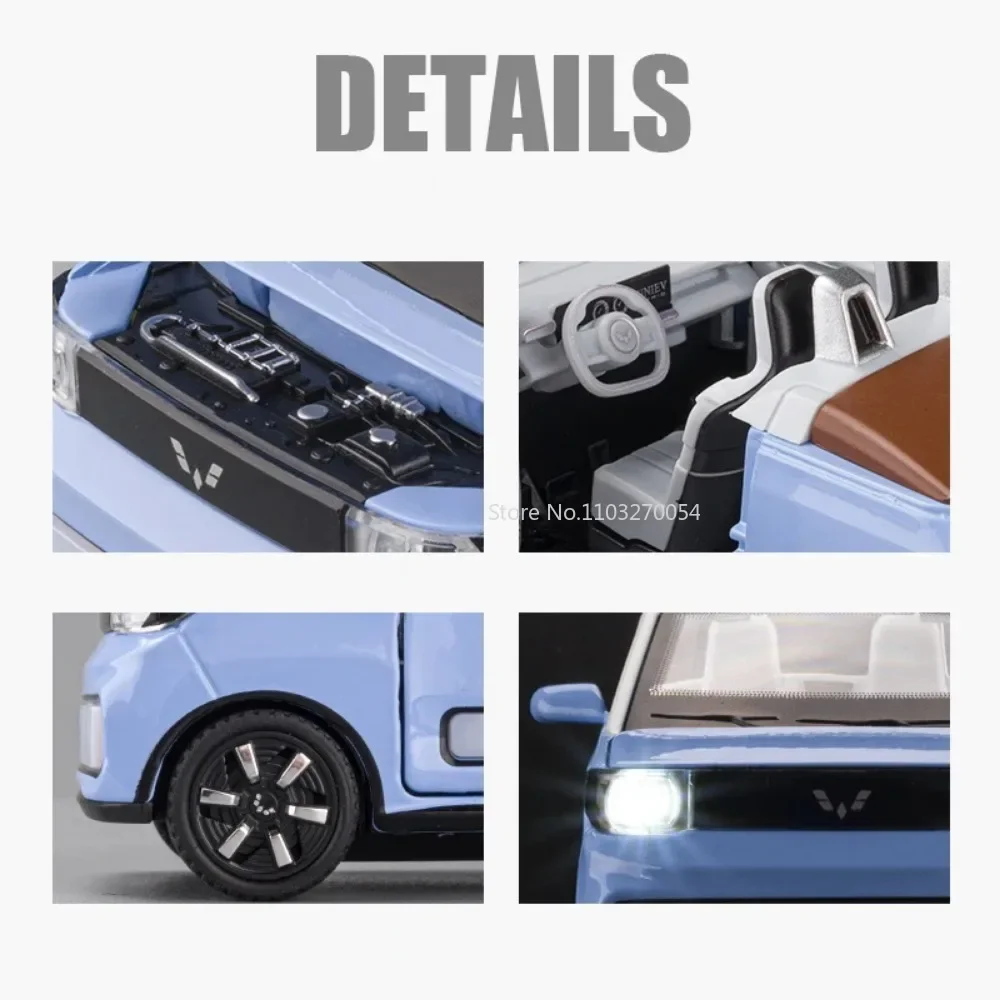 WuLing-MINI EV Convertible Edition, modelos de coches de simulación fundidos a presión, luz de sonido, vehículos extraíbles, colección de regalos para niños, 1/24