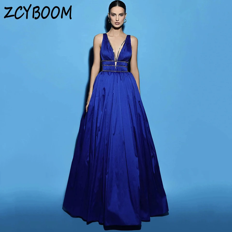 

Charming Royal Blue V-Neck Open Back Spaghetti Strap Evening Dress 2025 A-Line Floor Length Stain Zipper Custom Made Prom Dress