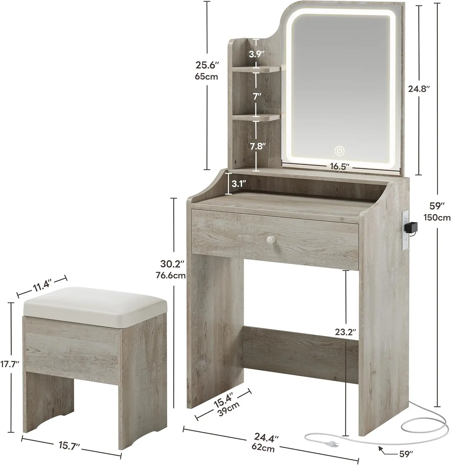 Compact Makeup Vanity Desk with Mirror, Lights, Storage Drawer, Chair and Shelves in White Walnut Finish