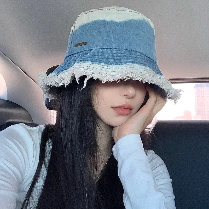 

2023 Denim Bucket Hats for Women Japanese Big Head Retro Basin Cap Spring and Summer Sunshade Street Basin Caps for Men