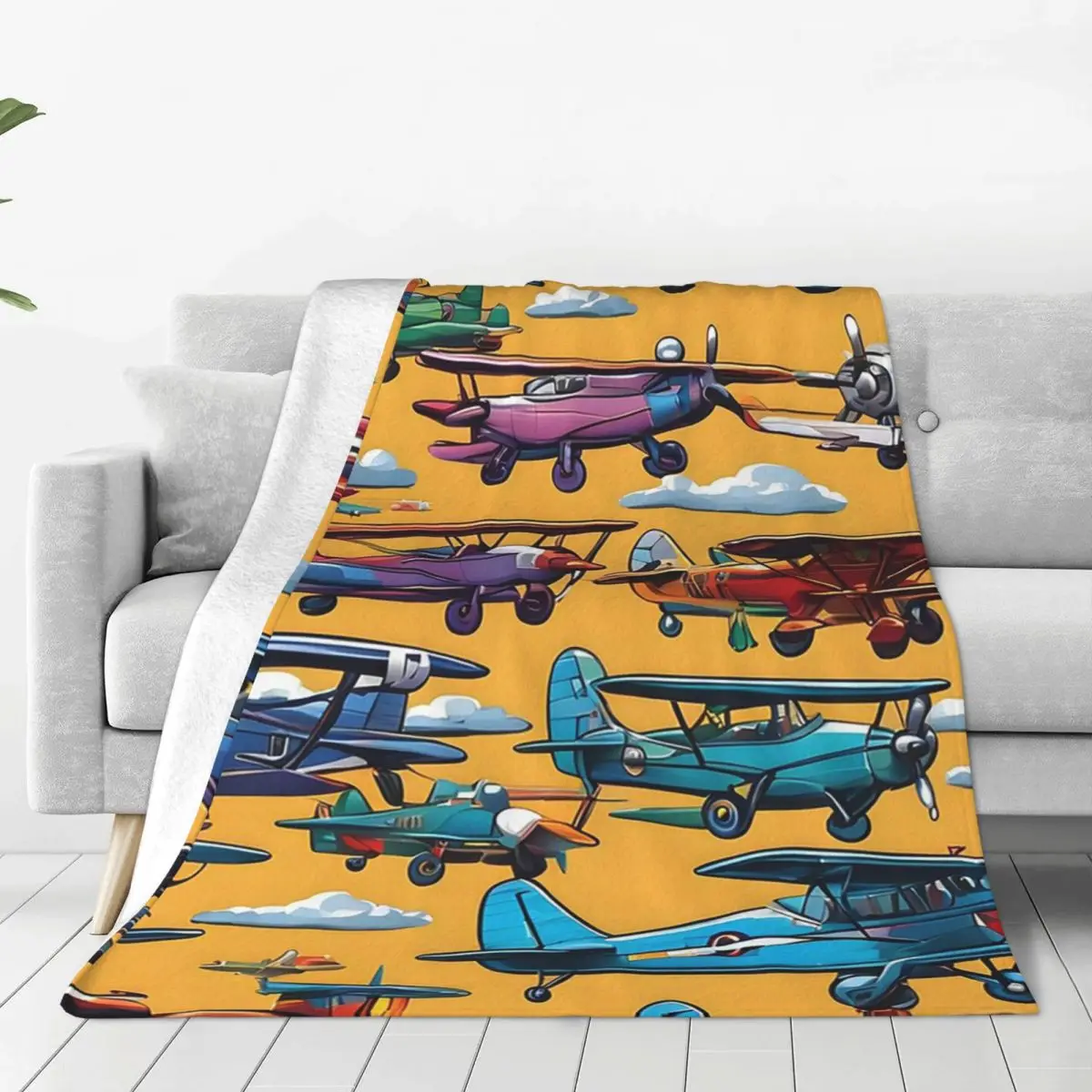 Colorful Nostalgic Airplanes Pattern Blanket Soft Warm Flannel Throw Blanket Cover for Bed Living room Picnic Travel Home Sofa