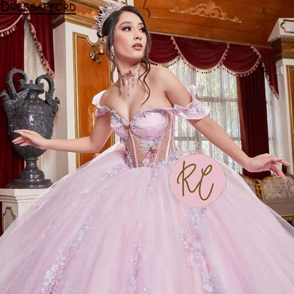 

Блестящее розовое милое платье Quinceanera с открытыми плечами, расшитое бисером и цветочной аппликацией, Vestidos De 15, бальное платье Anos