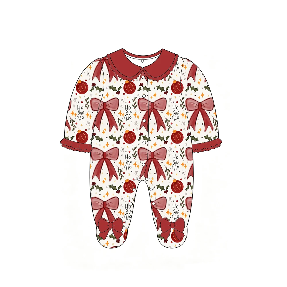 Boutique Girls' Romper Lapel Ruffles Long style Double-layered Cuffs Ruffles Bow Decoration Bow Cherry Flower Print Wholesale