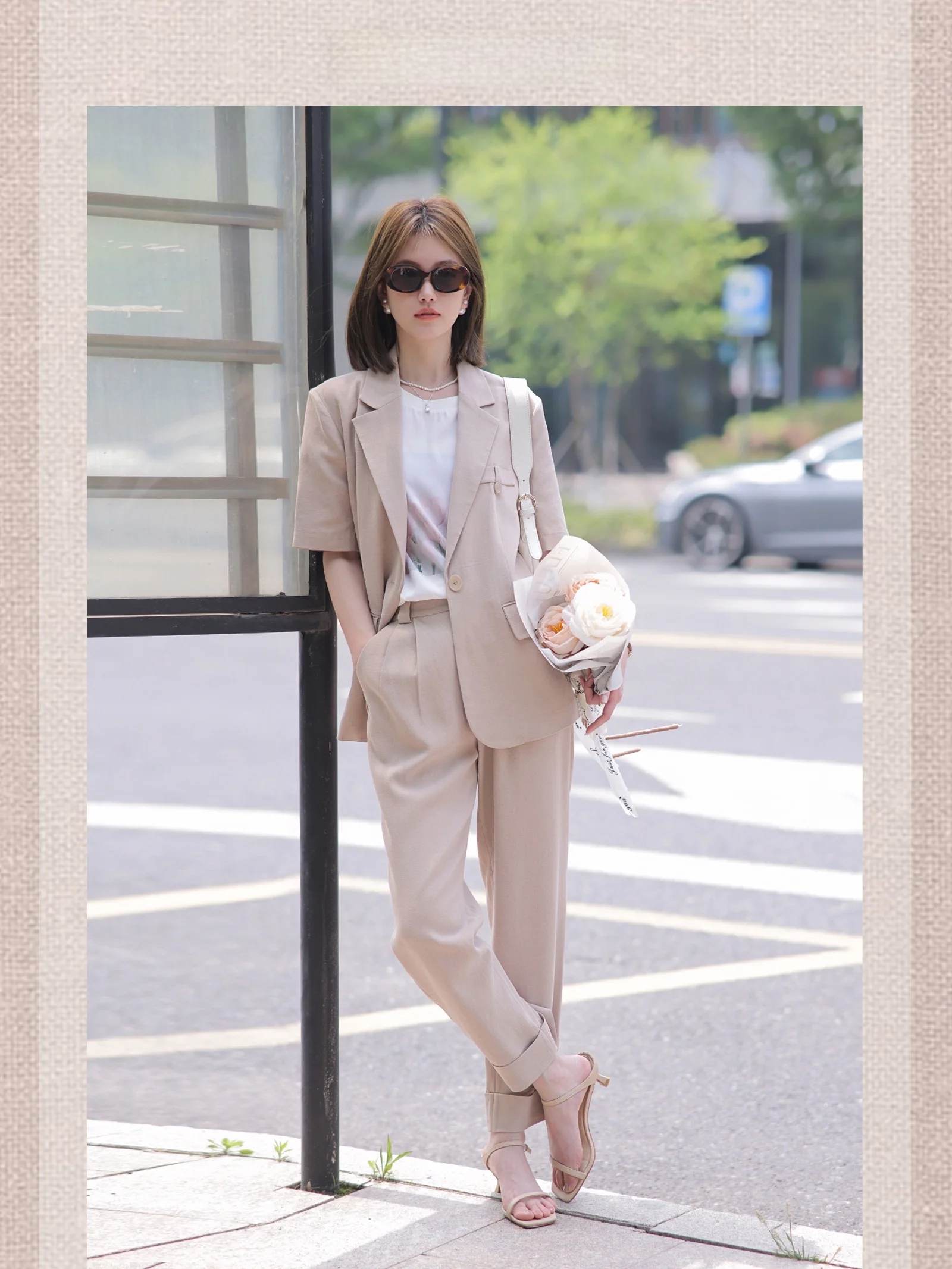 

Loose Fit Suit Set Handheld Flower Drapey Pants Commute Style Single Button Closure Short Sleeve Regular Length