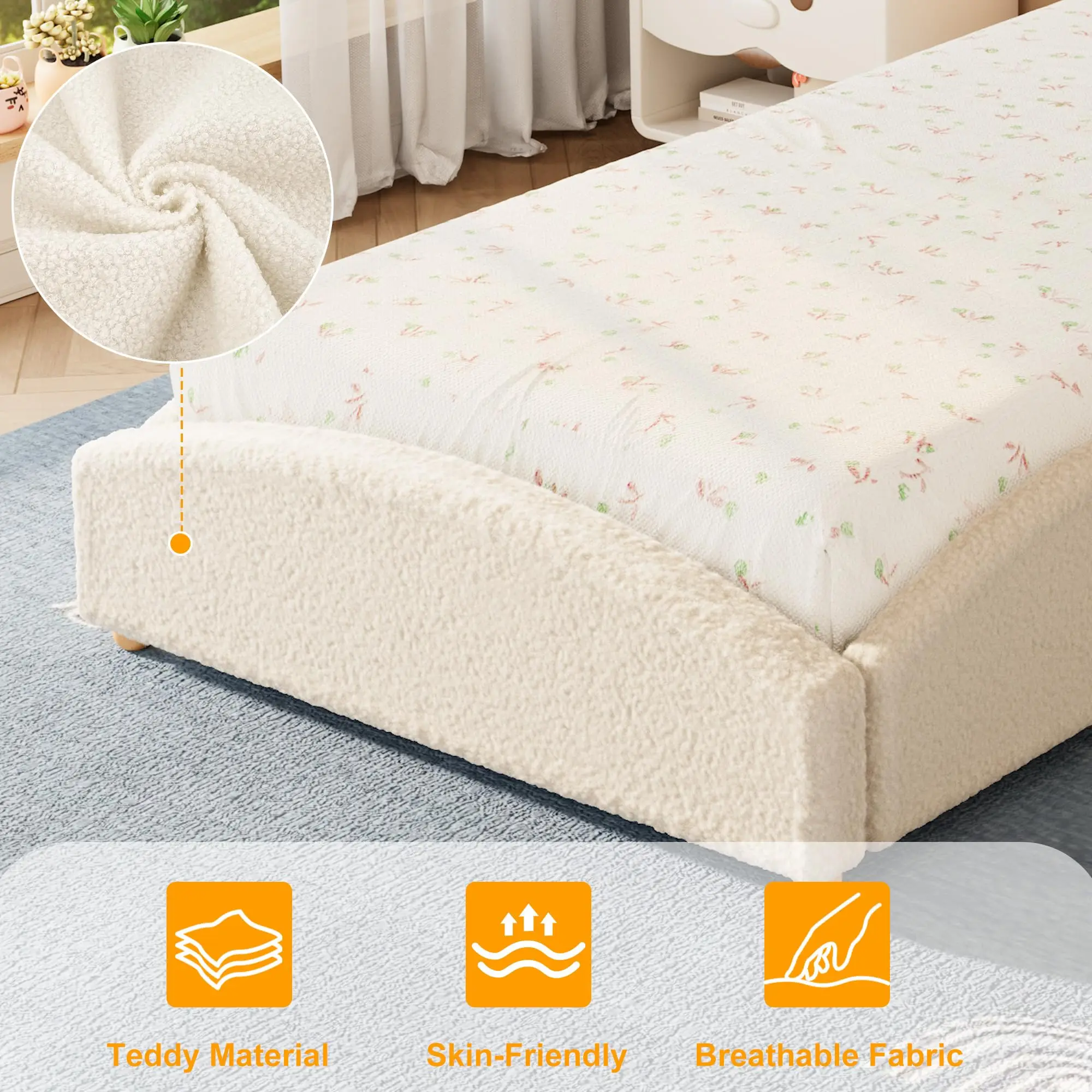 Cloud Design Upholstered Floor Bed for Kids – Soft Soft bear Fabric Low-Profile Daybed with Raised Sides, Educational method-style-inspired Platform Bed for Boys & Girls – Twin/Twin-XL, Pink/Light Grey/Beige