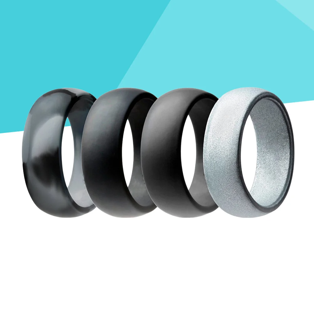4Pcs Silicone Wedding Bands Flexible Sports Rings Waterproof Gym Swim Dive Size 9 Camo Grey Black Dark Grey Silver