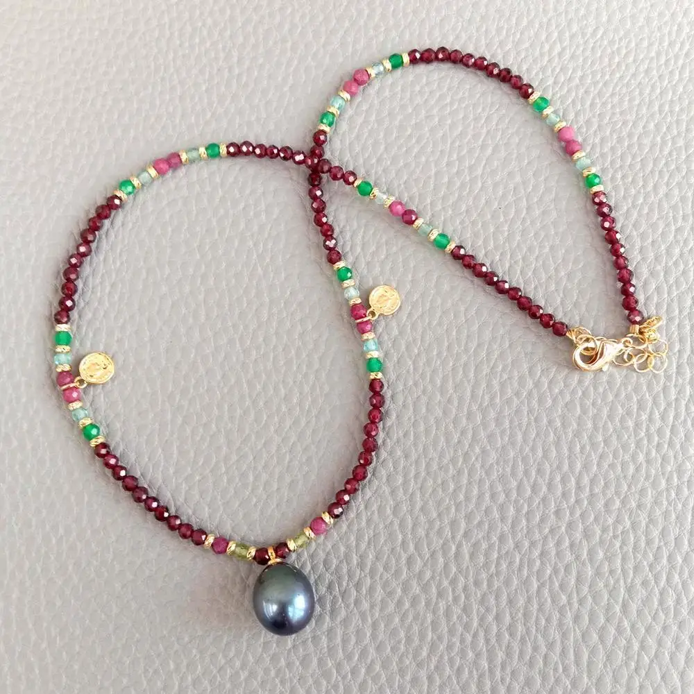Y·YING Natural Garnet Agate Ruby Pearl Charm Necklace 3mm Gemstone Cultured Black Pearl Pendant