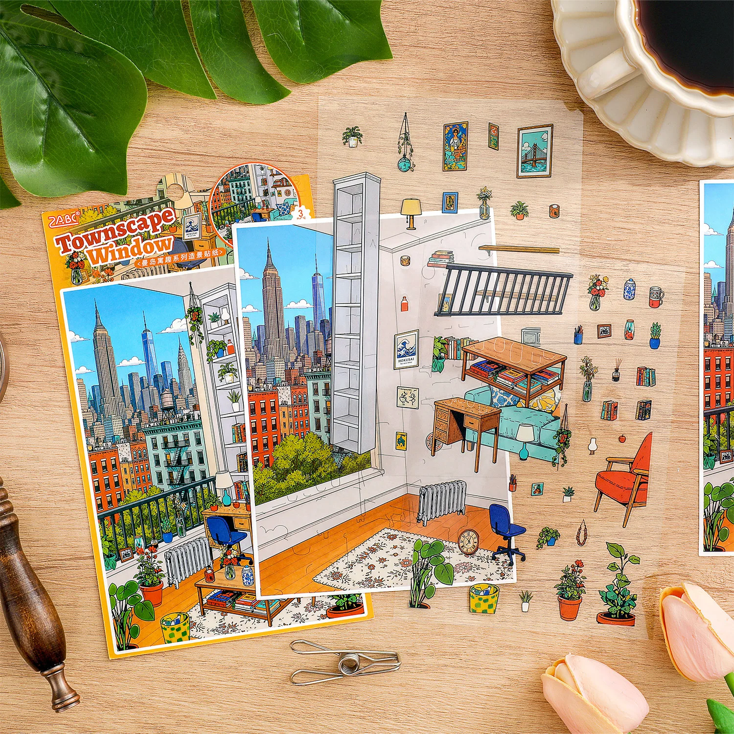 Urban Apartment City View Miniature Diorama Scene Stickers Set, City Window Indoor Room Landscape PET Stickers with Scene Card,