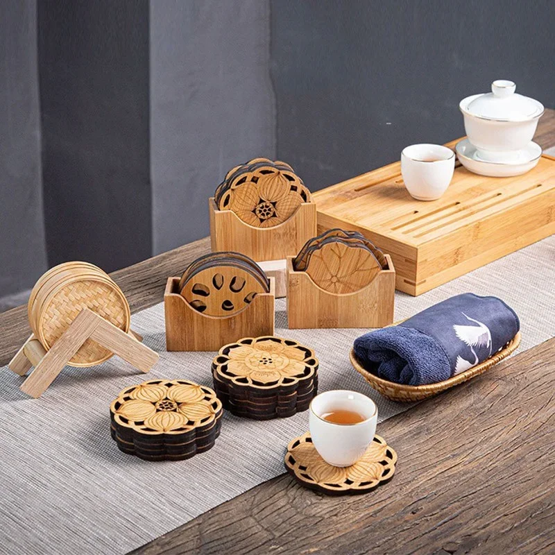 Buddisum Coasters Mat Wooden Bamboo Lotus Root Shape Round Cup Table Tea Coffee Placemat Home Decoration Kitchen Accessories