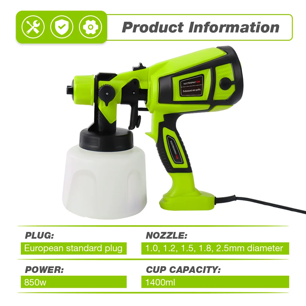 Pistola pulverizadora de pintura eléctrica profesional HVLP inalámbrica de 850W, 1400 ml, 220V herramienta de pulverización de pintura para uso doméstico, cable de 1,5m,cinco boquillas de 1,0mm,1,2mm,1,5mm,1,8mm 2,5mm