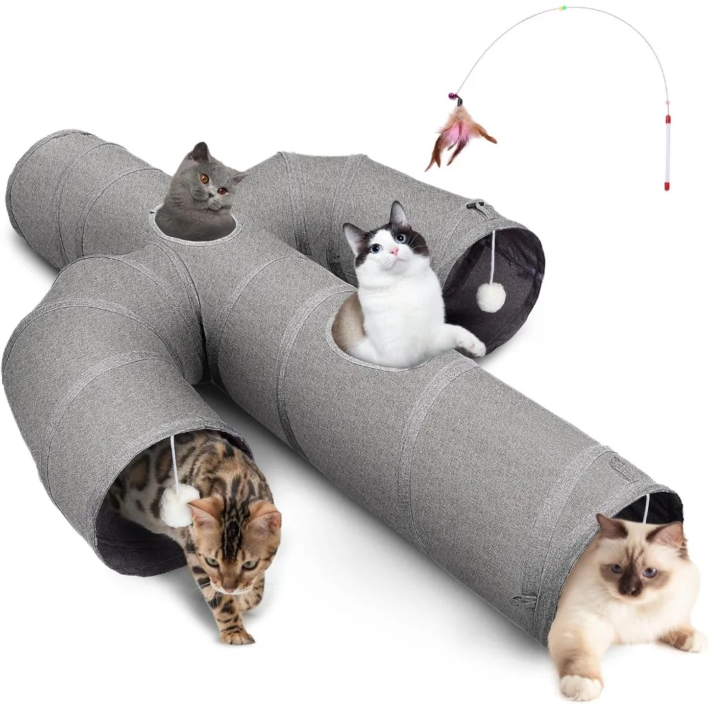 

Large Cat Tunnel – 12" Cactus-Shape Oxford Fabric Tube with Peek Hole & Wand Toy for Indoor Cats