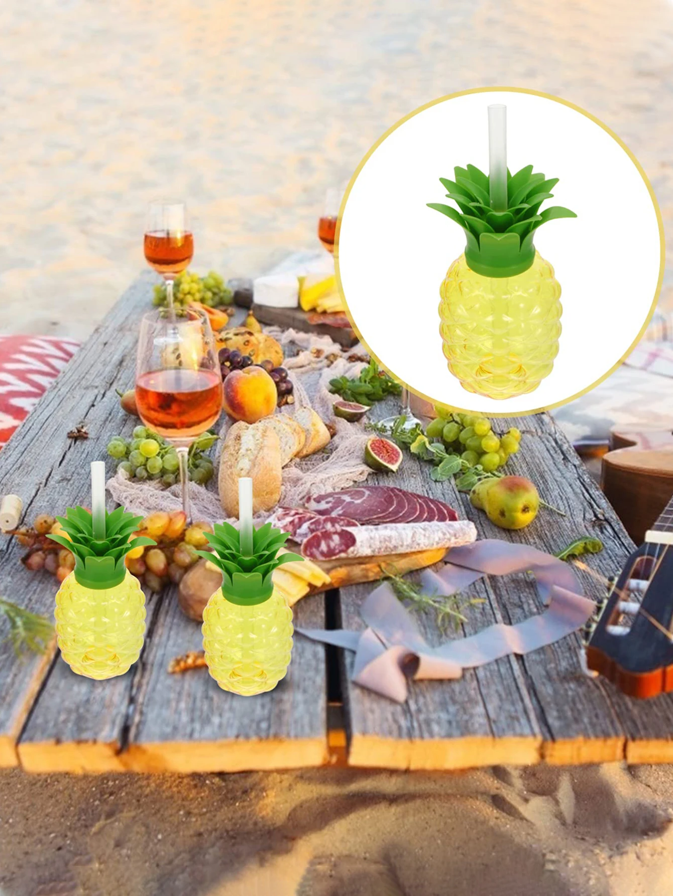 أكواب الأناناس مع القش، أكواب الأناناس البلاستيكية مع أغطية إغلاق أكواب حفلات هاواي Luau Tiki وديكورات حفلات الشاطئ #5