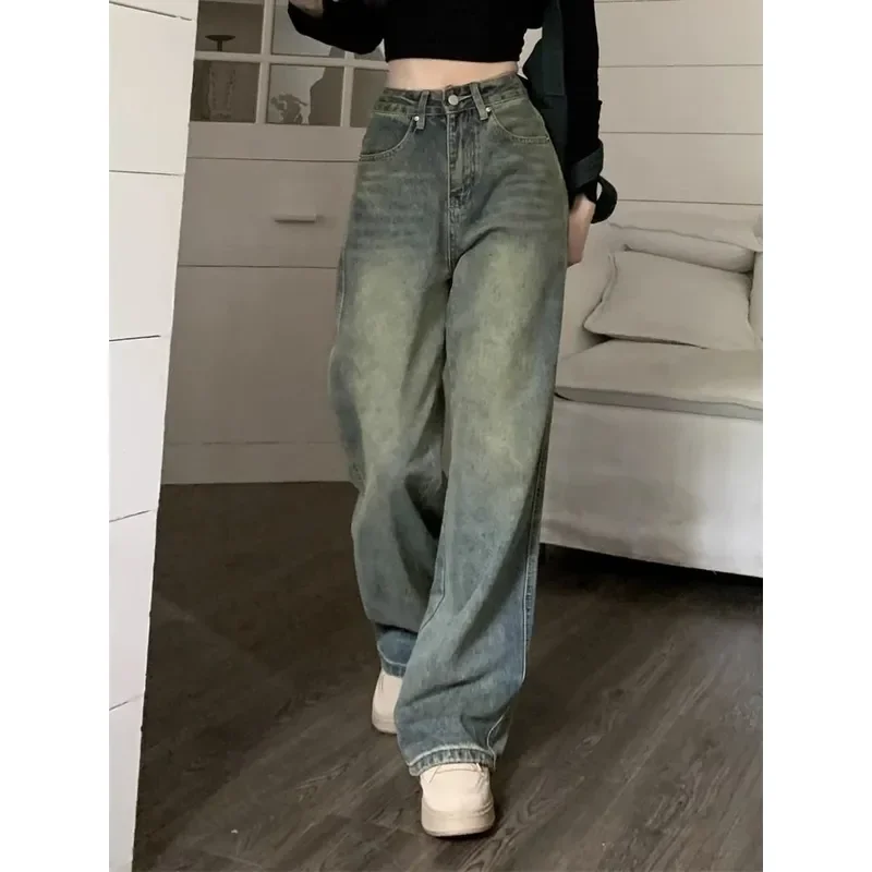 Women Vintage Streetwear Washed Denim Pants Deeptown Y2k Baggy Wide Leg Jeans Grunge Basic Slouchy Blue Trousers Femme Spring