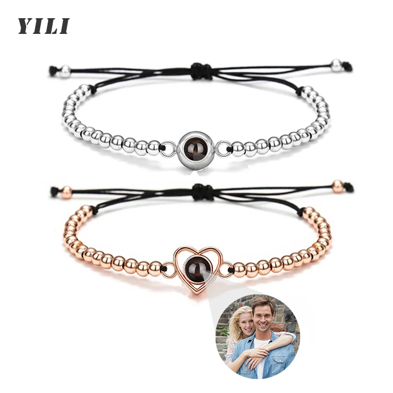Custom Bracelet with Picture Inside Photo Projection Bracelet Copper Ball Beads Bracelet Memorial Gifts for Men Women Couple
