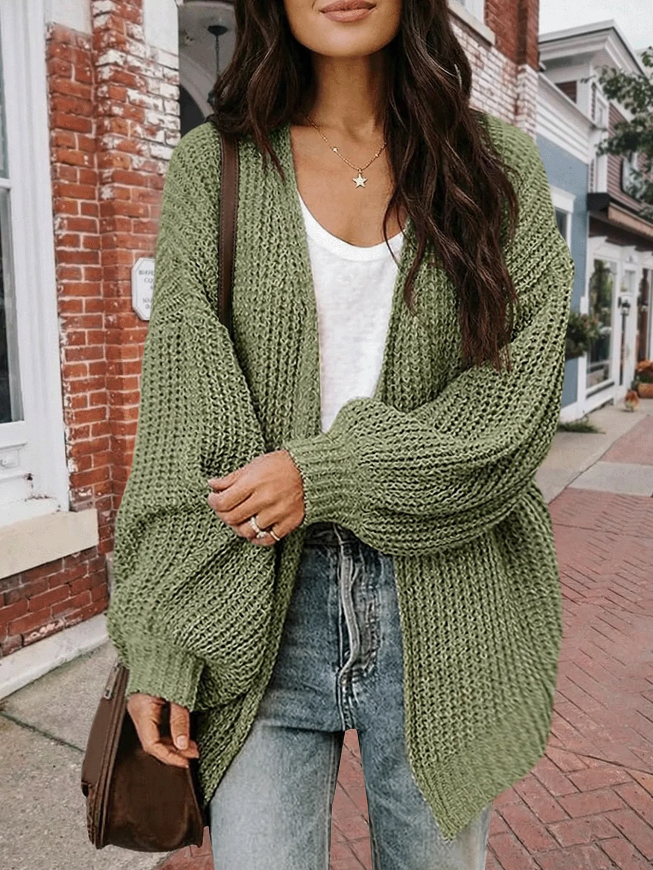 

Оливково-зеленый вязаный кардиган с рукавами-фонариками, повседневный топ с длинными рукавами для осени