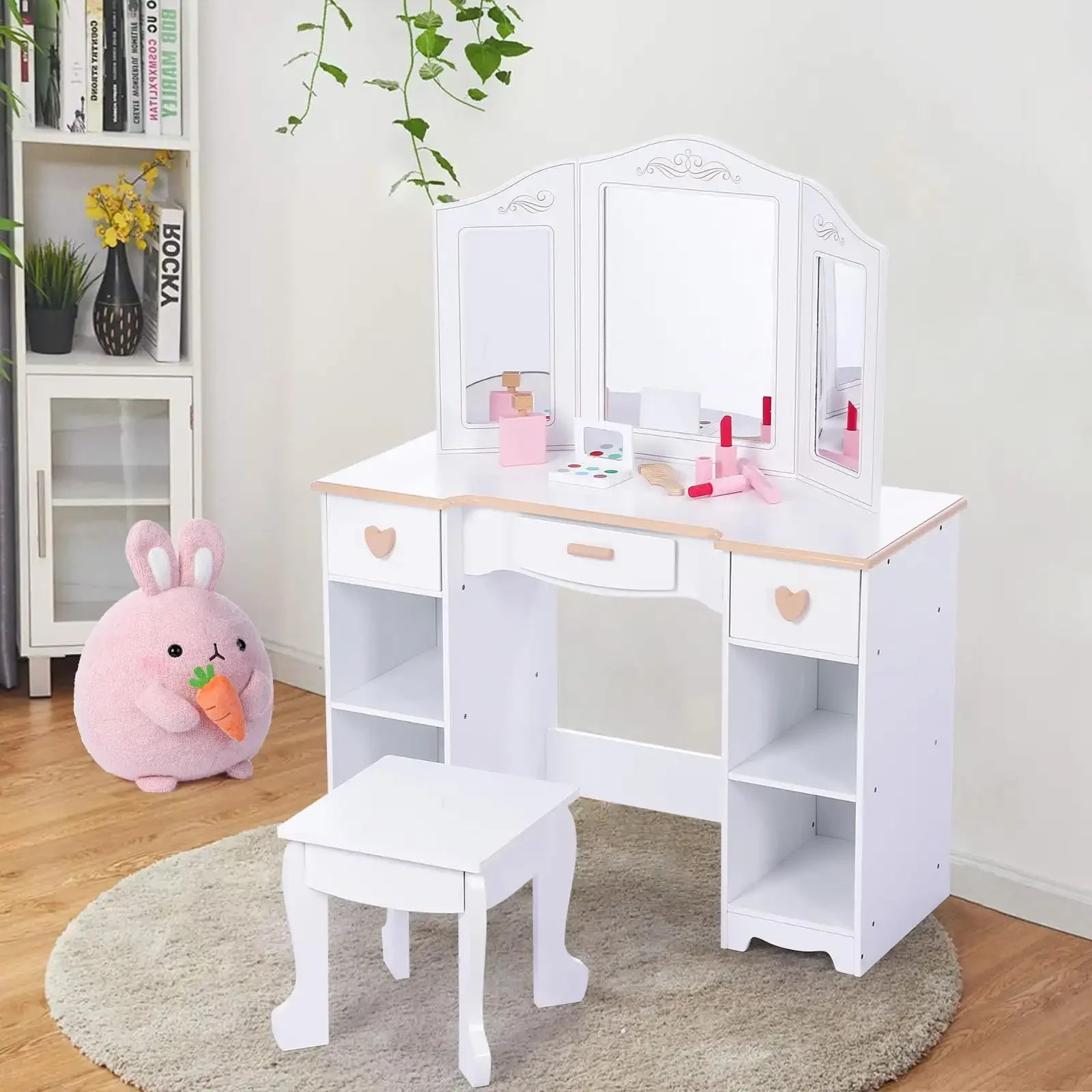 

Vanity with Mirrors and Stool, Pretend Play Vanity Table Set, Princess Makeup Desk, Toddler Vanity Dressing Table with Storage