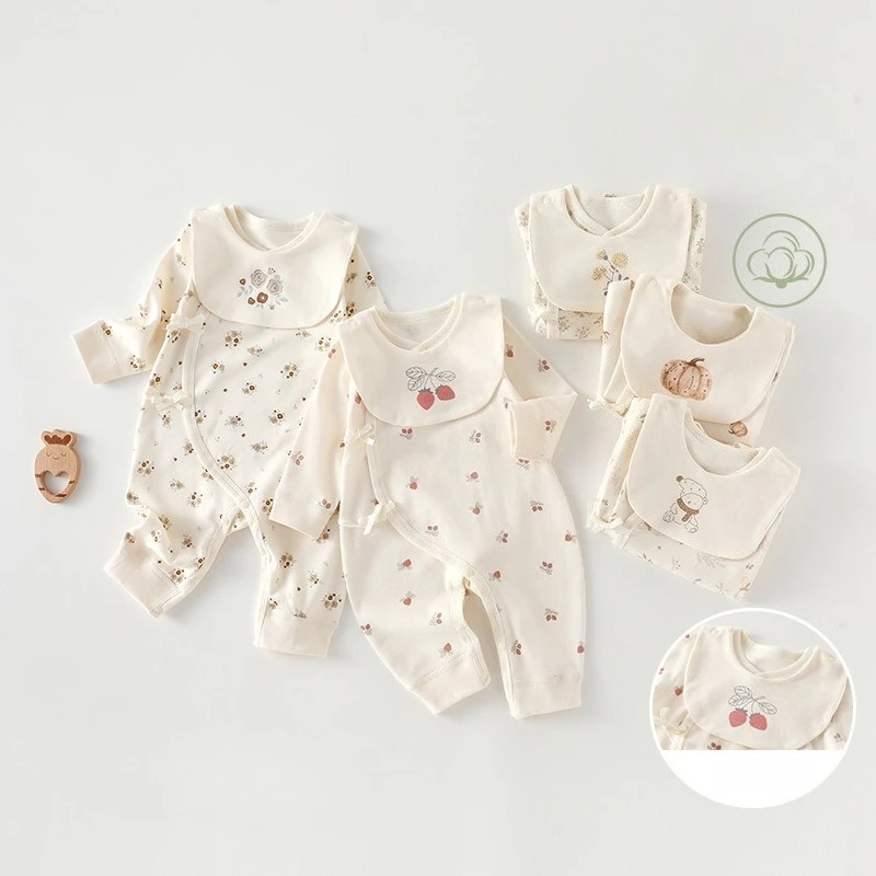 Unisex Newborn Romper + Bib 2Pcs 100% Cotton for All-Season Wear Boys' & Girls' Adorable Printed Ribbed Romper Trending Style
