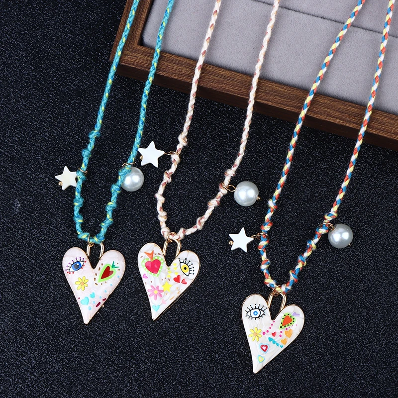 Handmade Knotted Rope Heart Pendant Necklace Fashion Sweater Chain Stackable Star Pearl Necklace For Women Jewelry Gift-IIOO