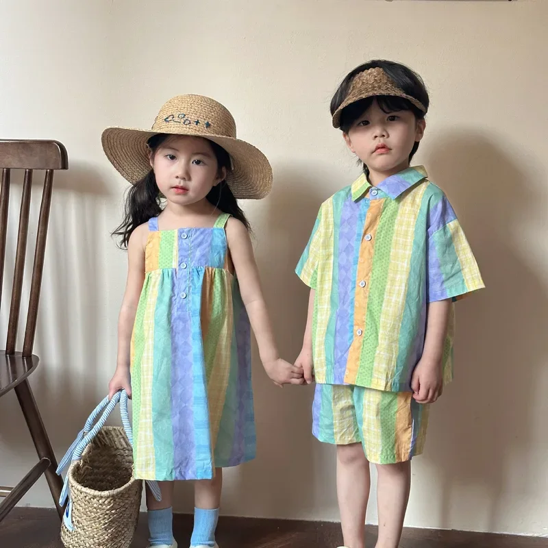 2024 Summer Clothes Brother Sister Outfits Kid Boy Colorful Short Sleeve Shirt Shorts 2pcs Girl Children Cotton Suspenders Dress