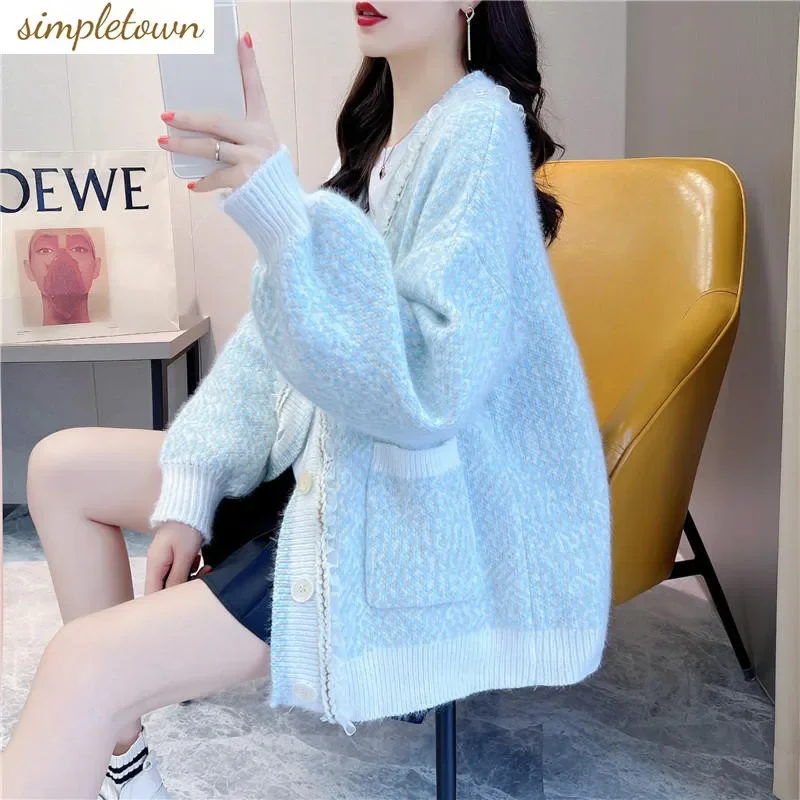 2023 New Autumn and Winter Fashion Knitted Cardigan Coat Imitation Mink Wool Sweater Women's Loose and Lazy Top Fashion