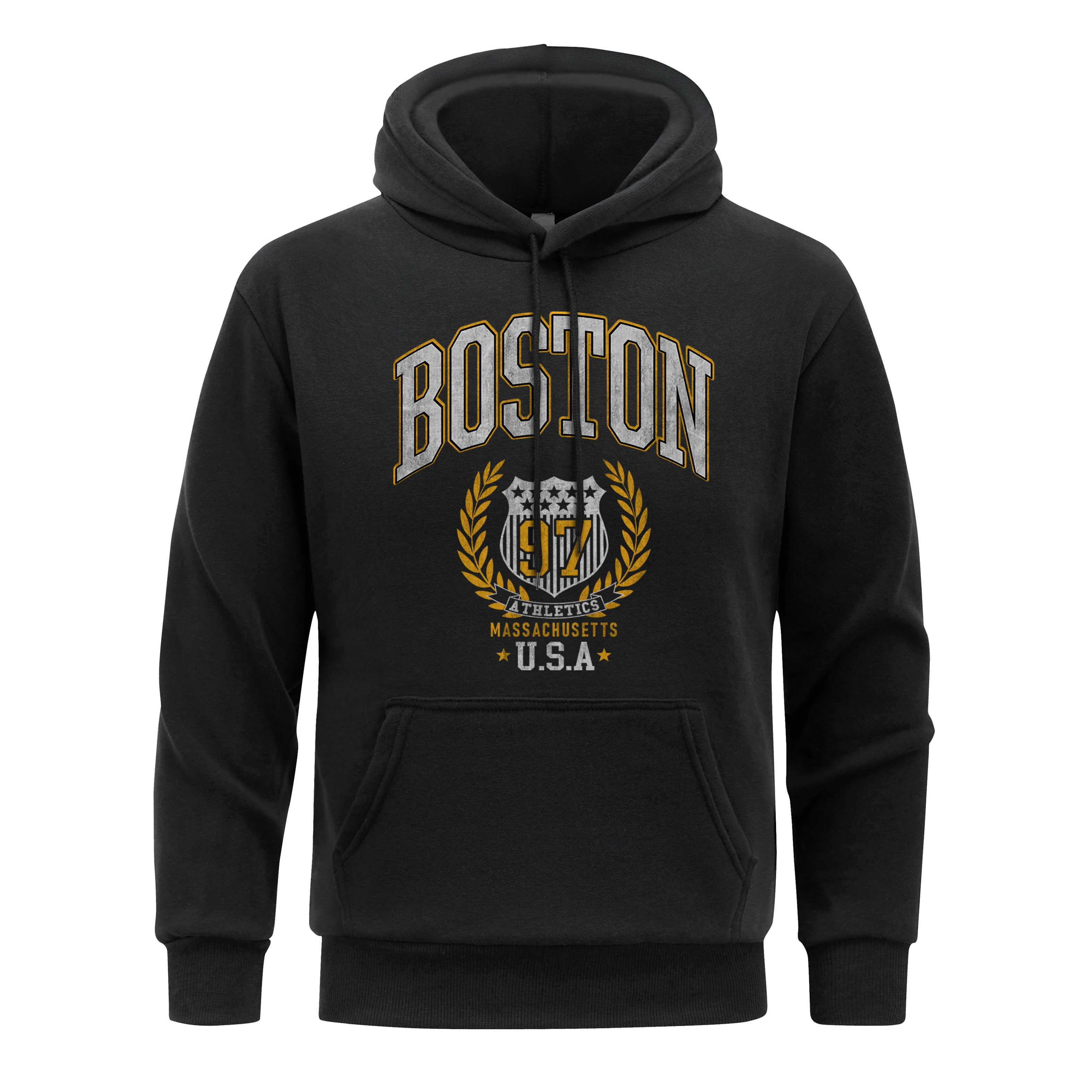 America Boston 97 City Letter Man Hoodie Warm Fleece Fur-liner Hoodies Men Loose Casual Black Hoody Spring Autumn Clothing