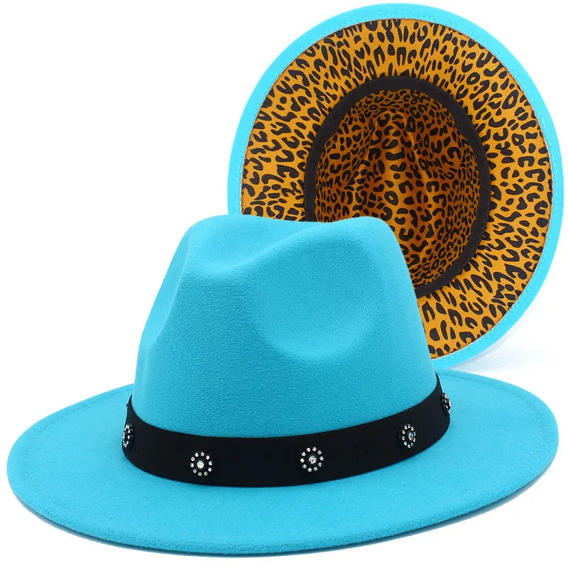 

Fedora Hats Women Trilby Caps Flower Fedoras Jazz Hat Belt Lady Inner Leopard Print Derby Cap Lady Felt Blower Men Chapeau Hats