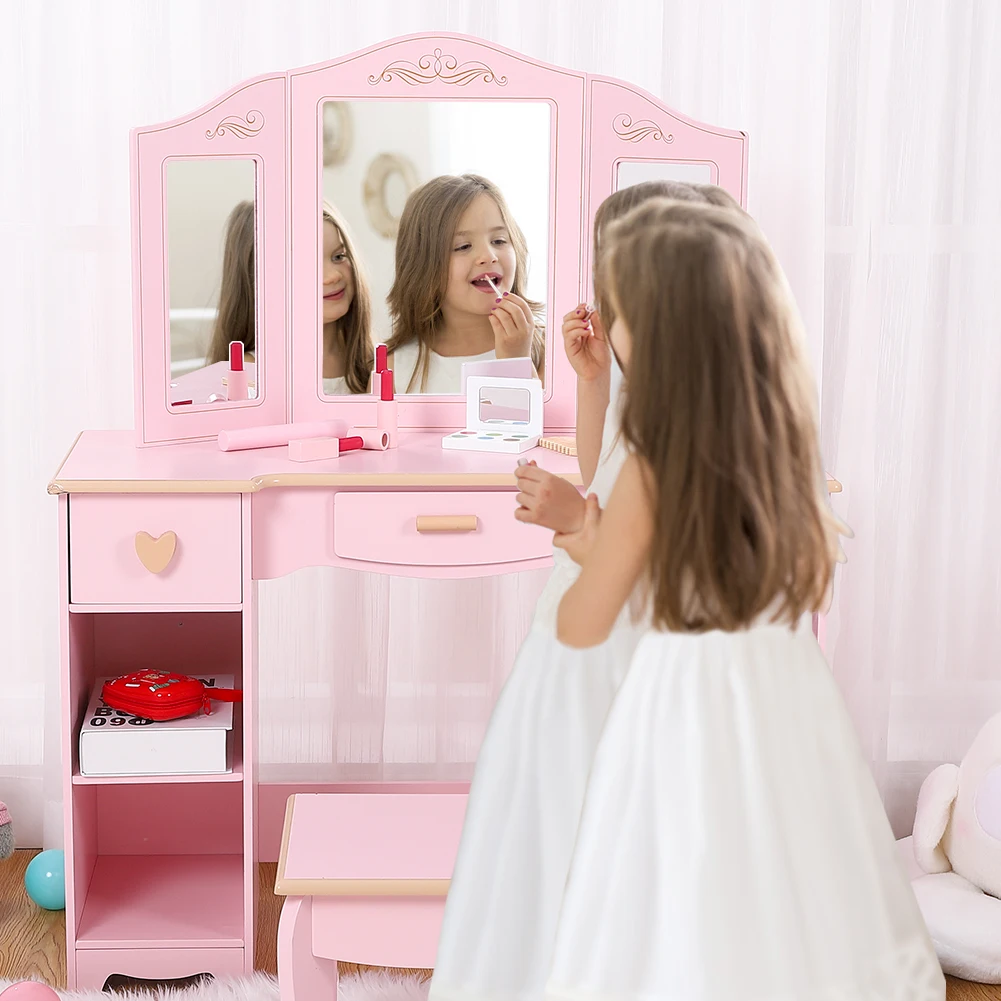 Kids Vanity, Pretend Play Vanity Set with Stool and Tri-Fold Mirror, Little Girl Makeup Desk,Toddler Dressing Table with Storage