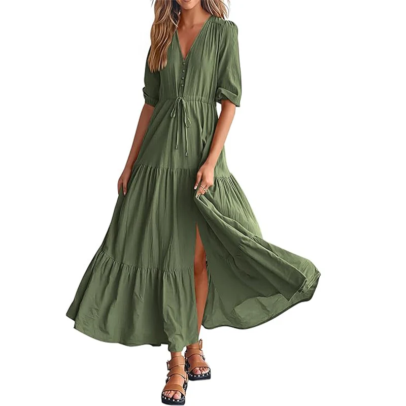 Elegant Solid Color Women's Summer Long Dress Sexy V-Neck Ruffles Half Sleeves Holiday Beach Sundress Casual Loose Maxi Dresses