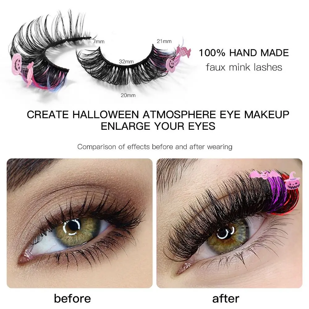 7 Pairs Dramatic Colorful Eyelashes Bat Pumpkin Witch Halloween Sequin Mink Eyelashes INS Russian Curly Colored False Eyelashes