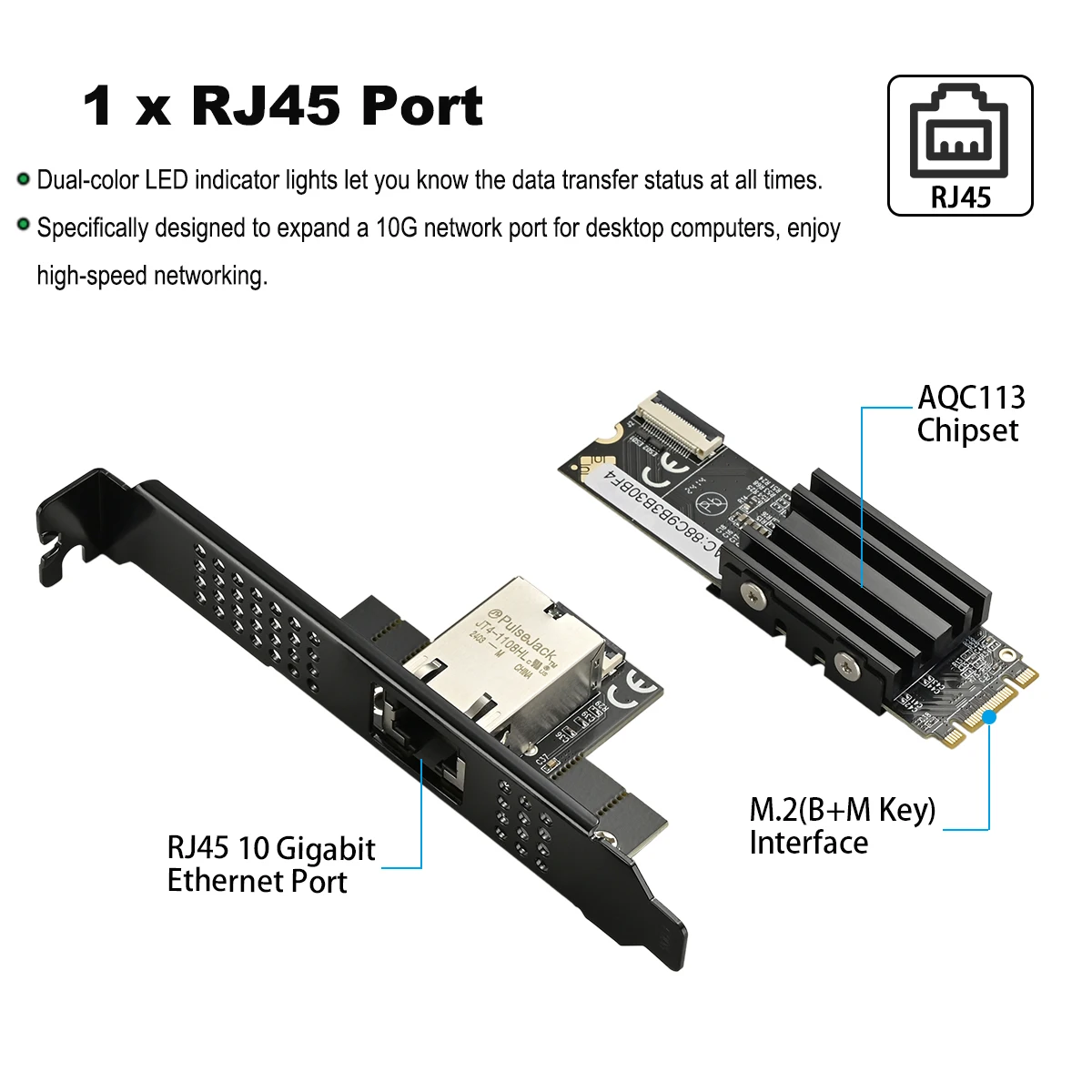 IOCREST 단일 포트 네트워크 카드, 산업 제어 등급 서버 네트워크 카드, M.2 B + M, RJ45 이더넷 네트워크 어댑터, AQC113, 10GbE