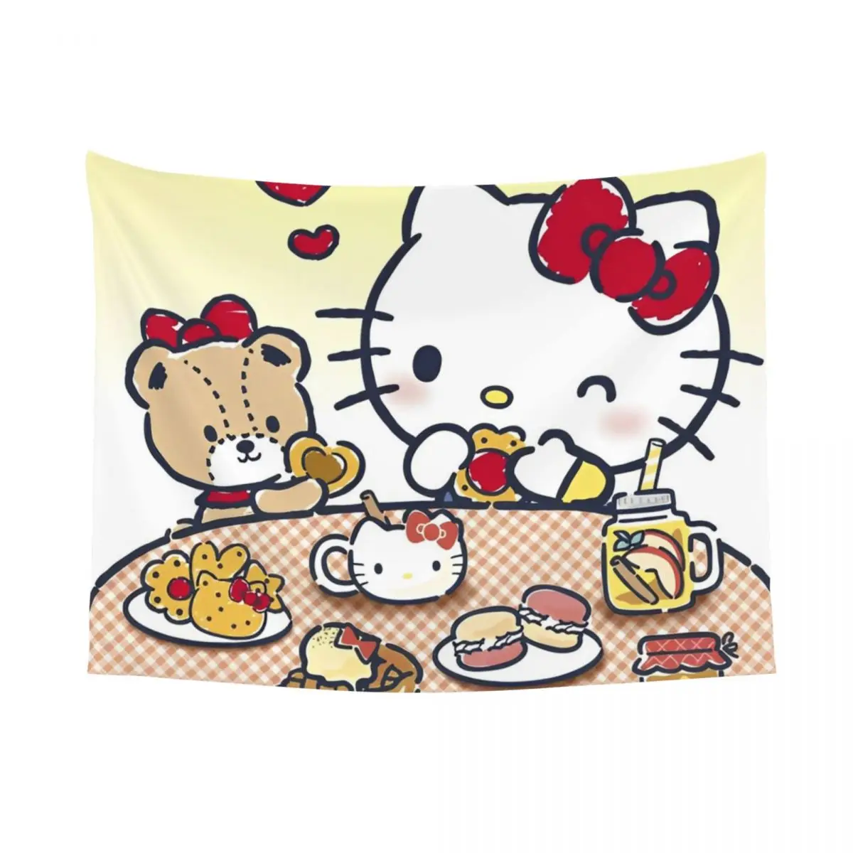 Official Hello Kitty Bear Eating Tapestry Bohemian Polyester Wall Hanging Decoration Bedroom Background Cloth Retro Tapestries