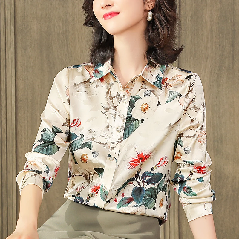 

Fashion Women Shirt Casual Long Sleeve Shirts Spring Summer Women's Floral Print Blouse Tops Real Silk Woman Elegant Blouses