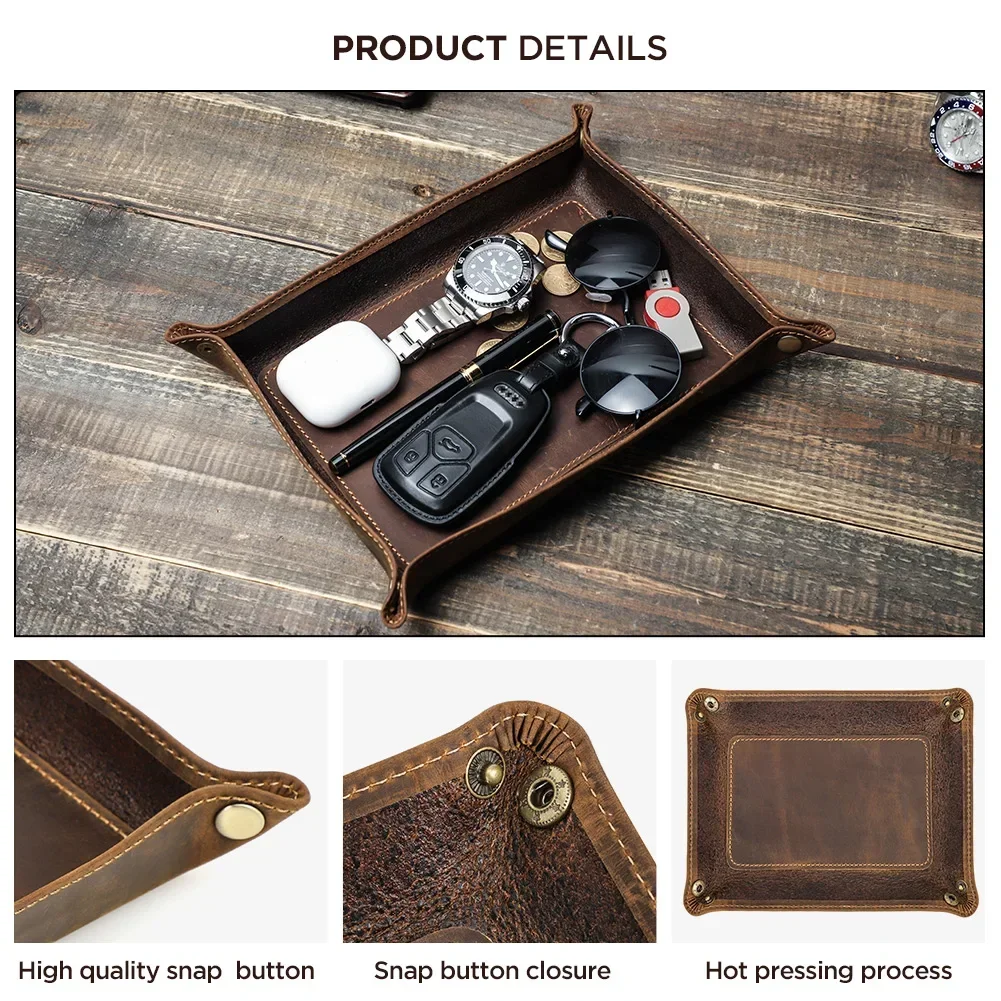 Genuine Leather Foldable Storage Trays Cowhide Square Tray Key Wallet Coin Organizer Home Office Desktop Storage Sundries Box - Image 3