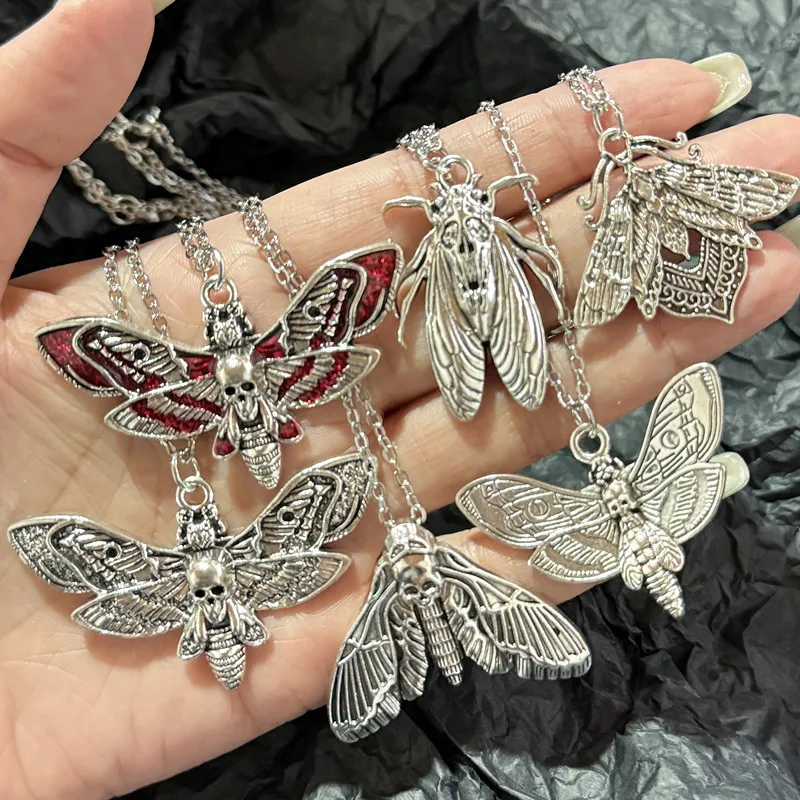Vintage Moth Necklace Gothic Jewelry Witch Accessories Insects Butterfly Pagan Moon Phase Moth Pendant Jewelry