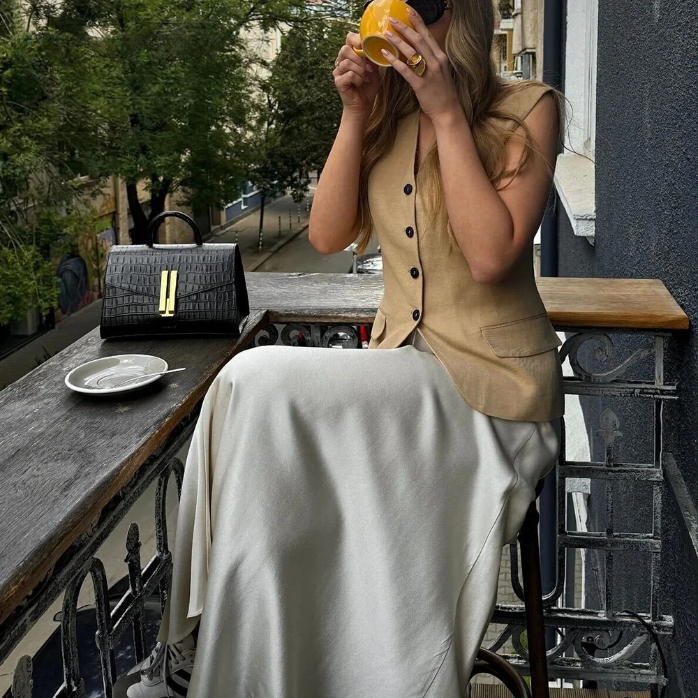 KONDALA 2024 Vintage Women Vintage Solid Vests Fashion Single Breasted Slim Sleeveless Elegant Sashes V Neck Women Casual Coats