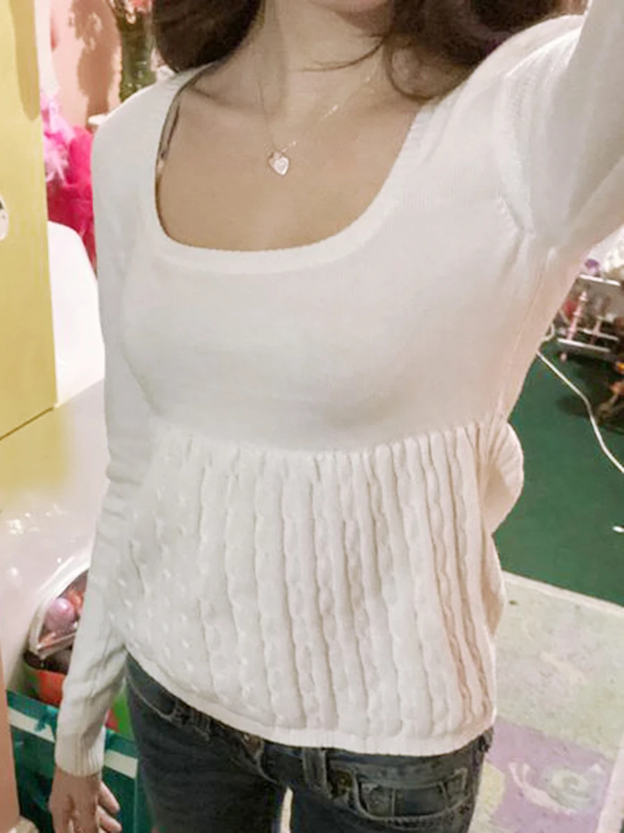 Damskie wiosenne jesienne bluzki z dzianiny w jednolitym kolorze z długim rękawem i dekoltem w kształcie litery U